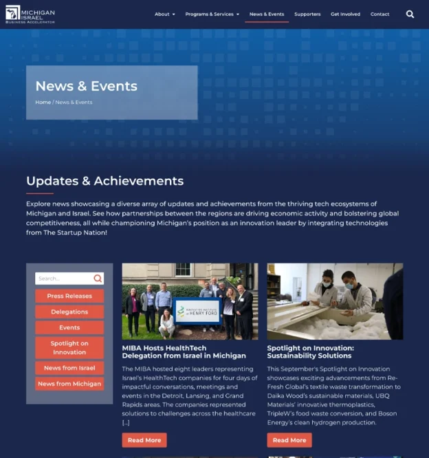 Michigan Israel Business Accelerator Website Screenshot