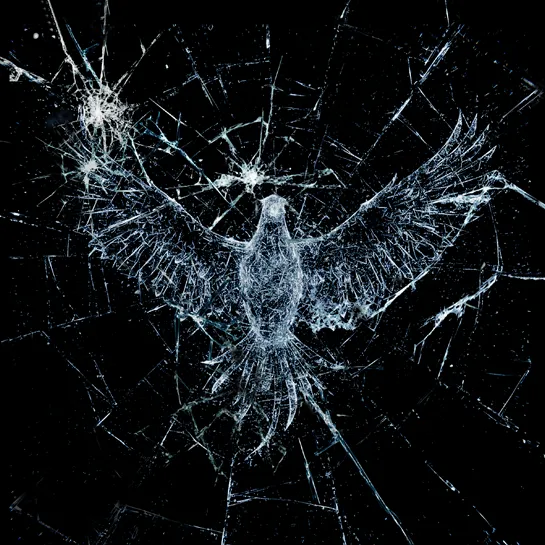 A phoenix made from broken glass.