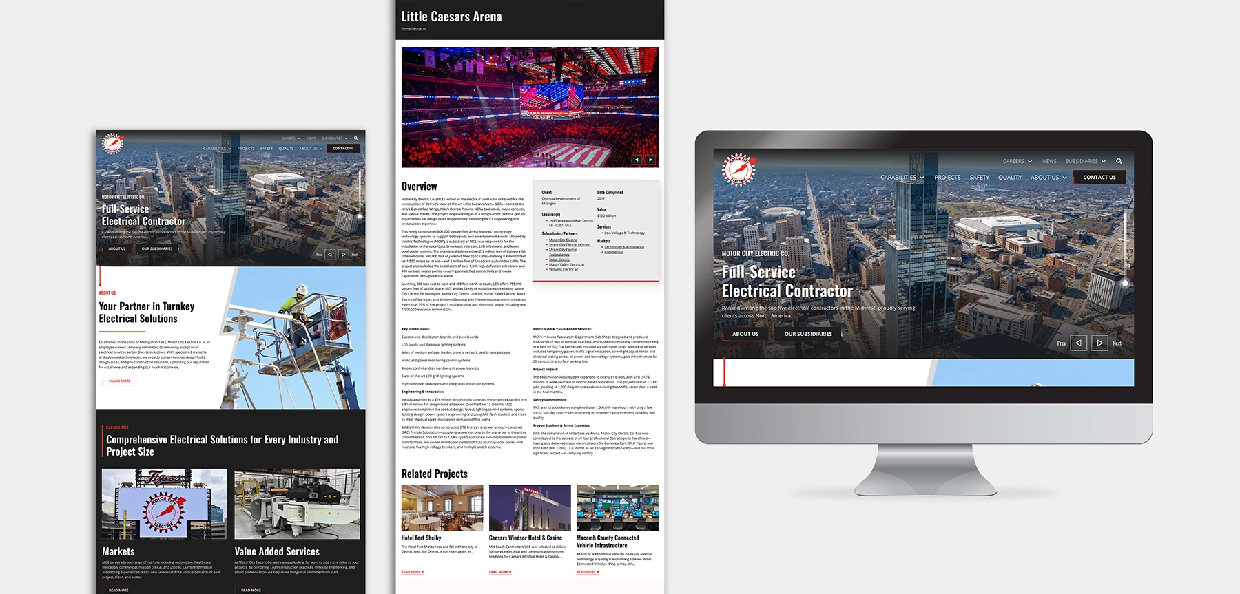 Motor City Electric website displayed across desktop screens, showcasing design and project-focused content.
