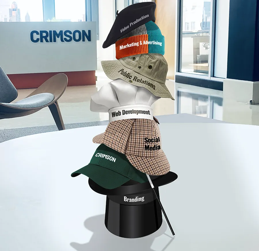 Overview of CRIMSON’s integrated services, including video production, marketing and advertising, public relations, web development, social media, and branding.